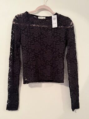 Hollister Black Floral Lace Long Sleeve Top - Sheer Overlay